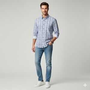 Signum Berlin 1926 Modern Fit Button Down Shirt Blue Geometric Print Men's Large